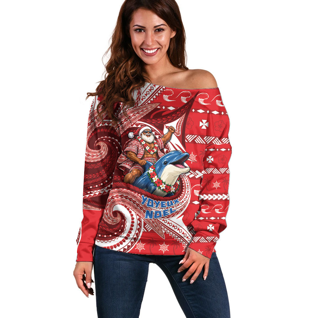 Wallis And Futuna Christmas Off Shoulder Sweater Santa Riding Ocean Dolphin DT05 Women Red - Polynesian Pride