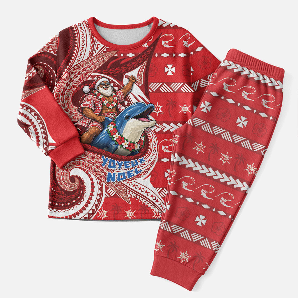 Wallis And Futuna Christmas Pajama Set Santa Riding Ocean Dolphin DT05 Men Red - Polynesian Pride