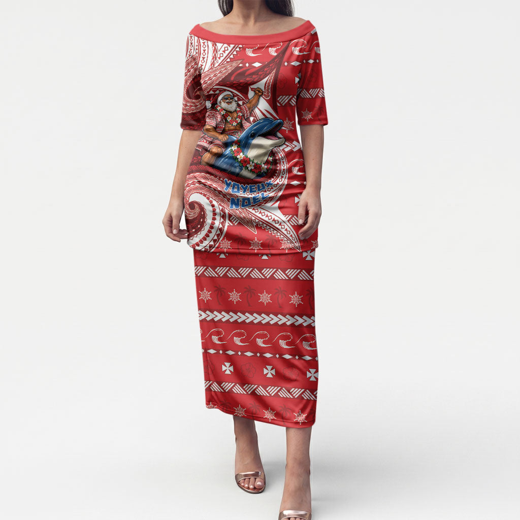 Wallis And Futuna Christmas Puletasi Santa Riding Ocean Dolphin DT05 Long Dress Red - Polynesian Pride