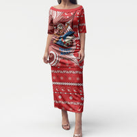 Wallis And Futuna Christmas Puletasi Santa Riding Ocean Dolphin DT05 Long Dress Red - Polynesian Pride