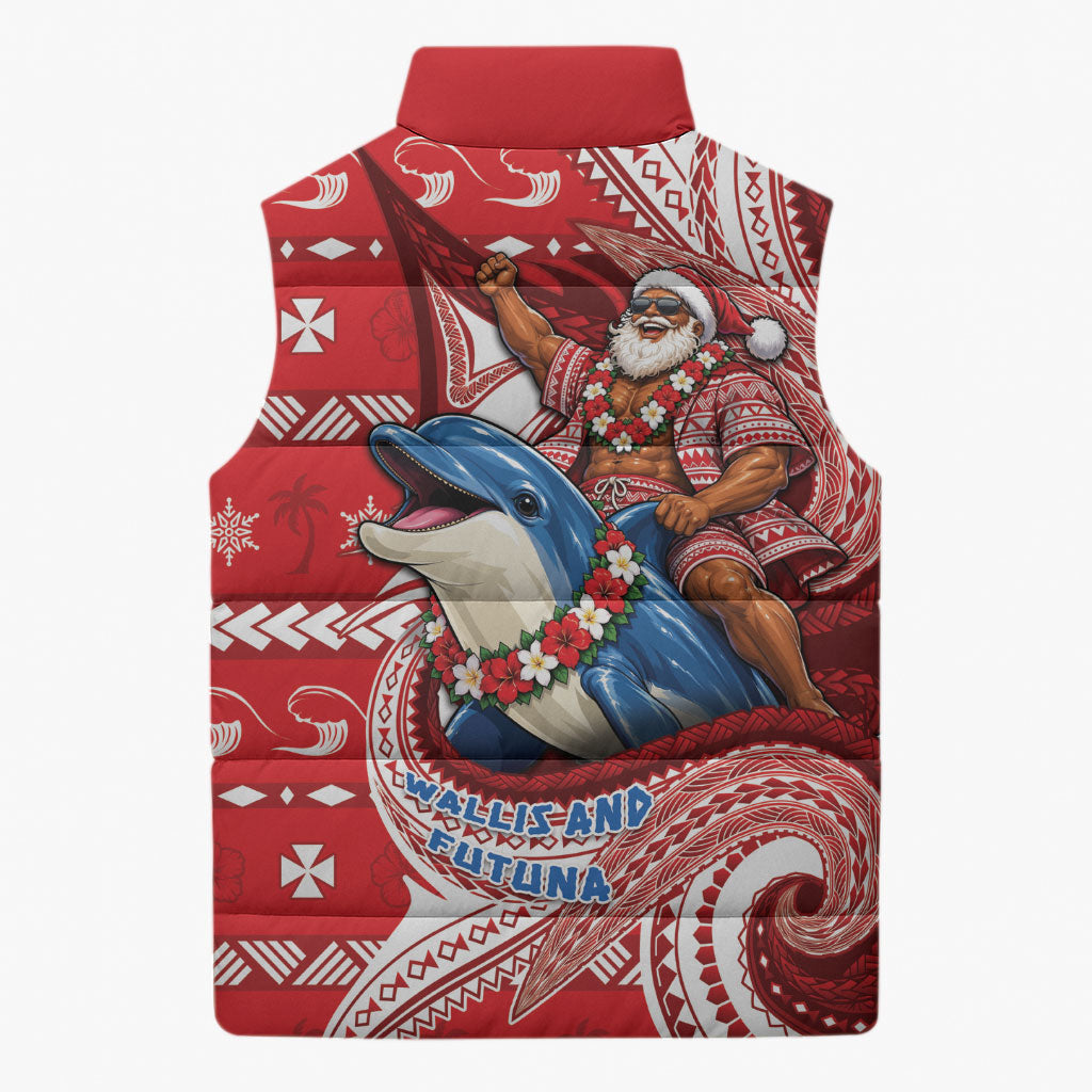 Wallis And Futuna Christmas Sleeveless Puffer Jacket Santa Riding Ocean Dolphin DT05 - Polynesian Pride