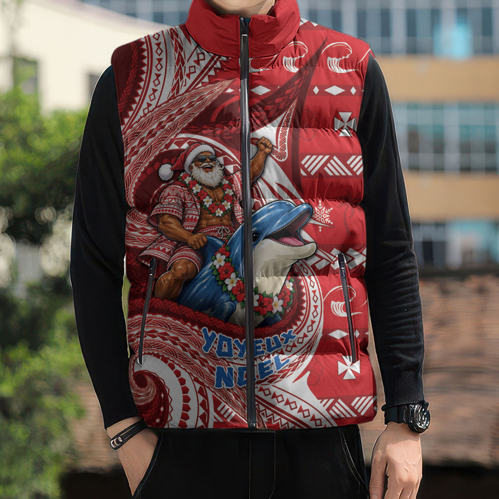 Wallis And Futuna Christmas Sleeveless Puffer Jacket Santa Riding Ocean Dolphin DT05 - Polynesian Pride