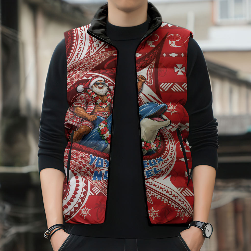 Wallis And Futuna Christmas Sleeveless Puffer Jacket Santa Riding Ocean Dolphin DT05 - Polynesian Pride