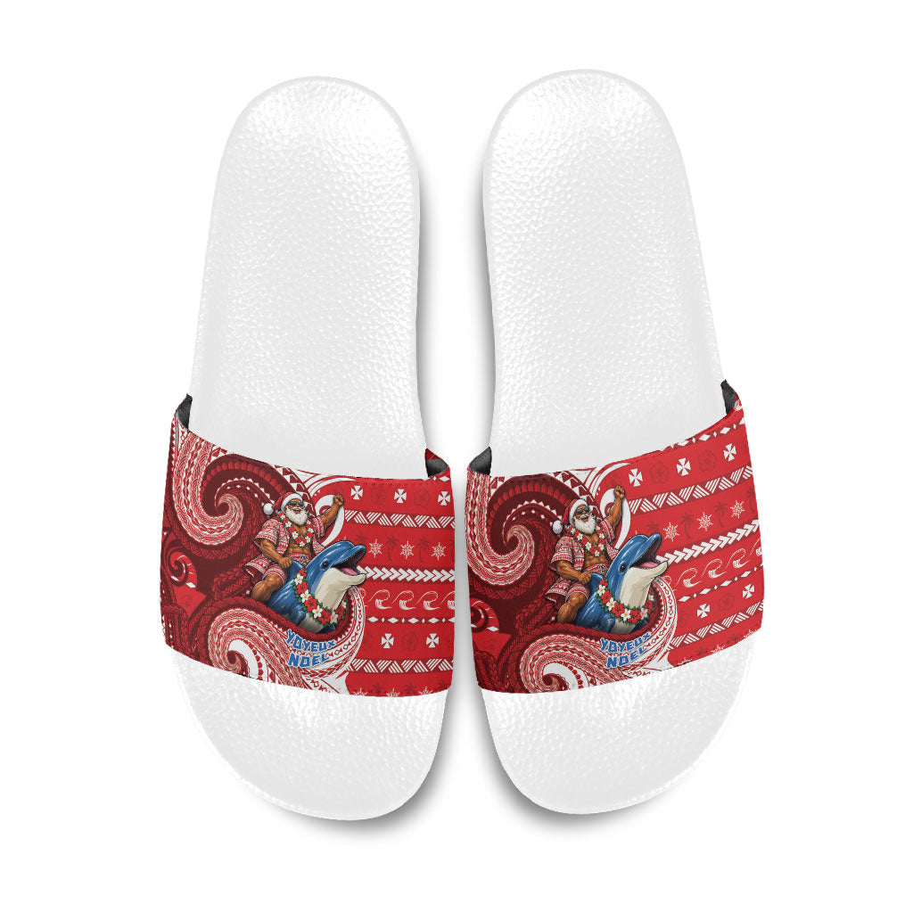 Wallis And Futuna Christmas Slide Sandals Santa Riding Ocean Dolphin DT05 Red - Polynesian Pride