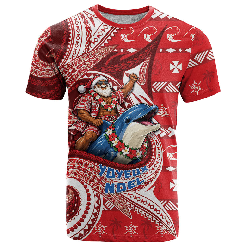 Wallis And Futuna Christmas T Shirt Santa Riding Ocean Dolphin DT05 Red - Polynesian Pride