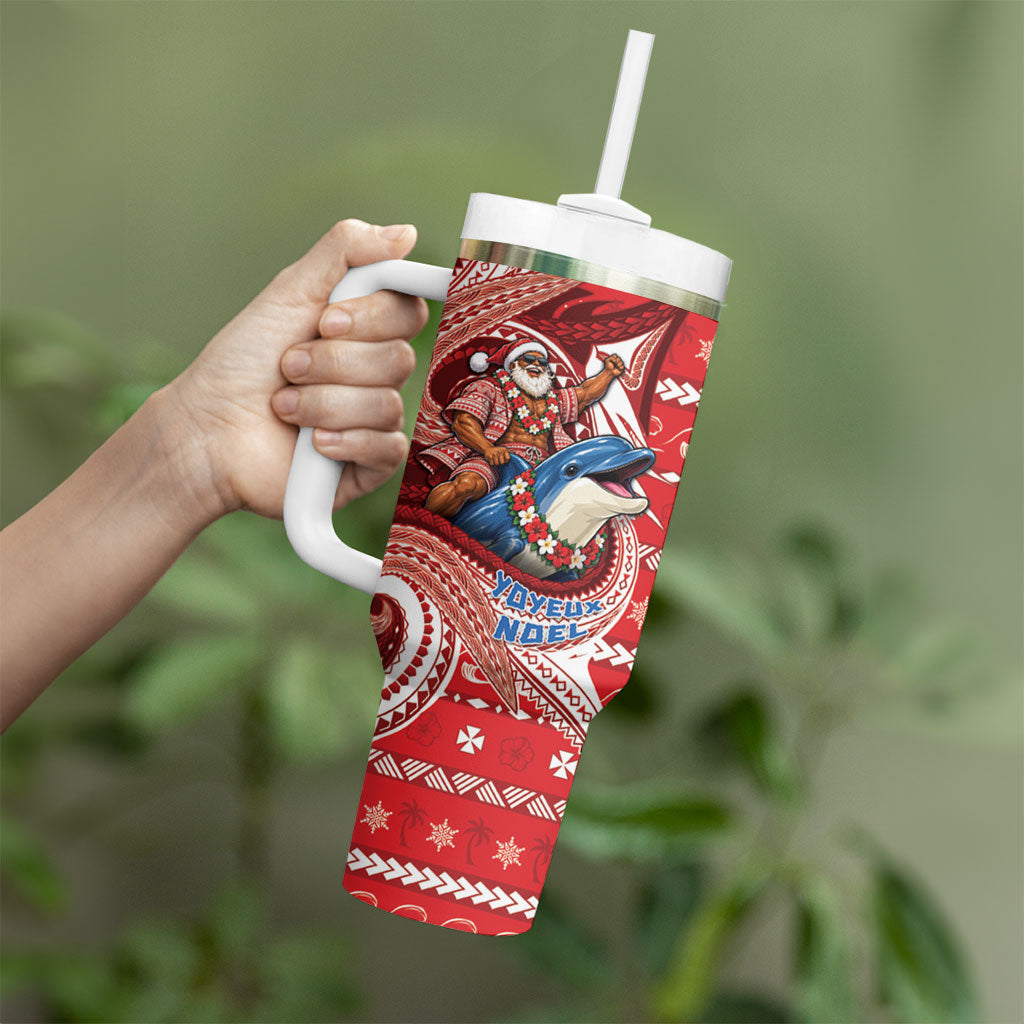 Wallis And Futuna Christmas Tumbler With Handle Santa Riding Ocean Dolphin DT05 - Polynesian Pride