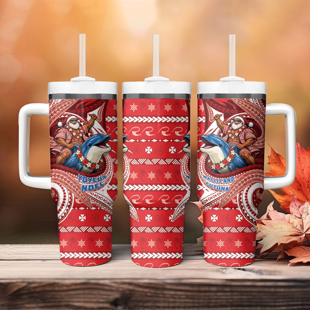 Wallis And Futuna Christmas Tumbler With Handle Santa Riding Ocean Dolphin DT05 - Polynesian Pride