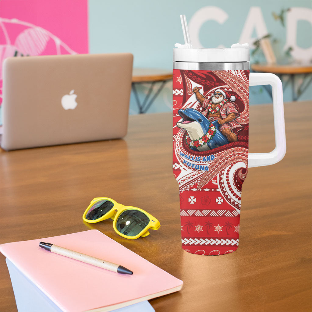 Wallis And Futuna Christmas Tumbler With Handle Santa Riding Ocean Dolphin DT05 - Polynesian Pride