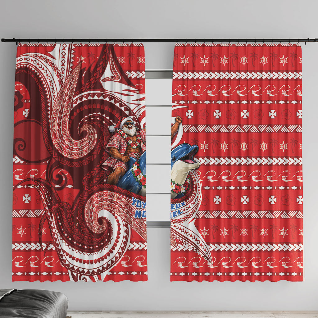 Wallis And Futuna Christmas Window Curtain Santa Riding Ocean Dolphin DT05 With Hooks Red - Polynesian Pride