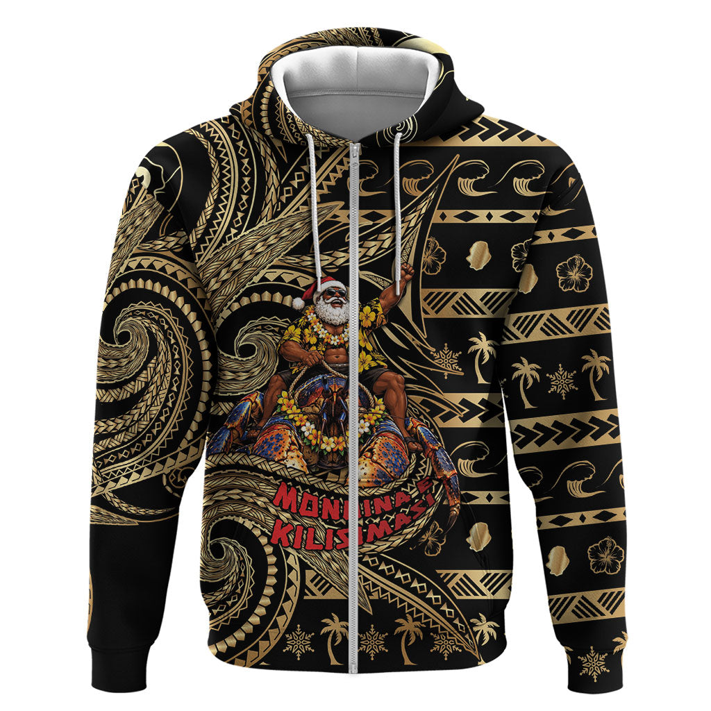 Niue Christmas Hoodie Santa Riding Coconut Crab DT05 Zip Hoodie Gold - Polynesian Pride