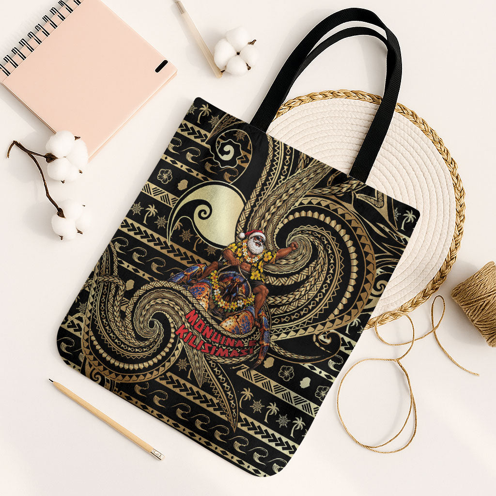 Niue Christmas Tote Bag Santa Riding Coconut Crab DT05 Black Strap One Size Gold - Polynesian Pride