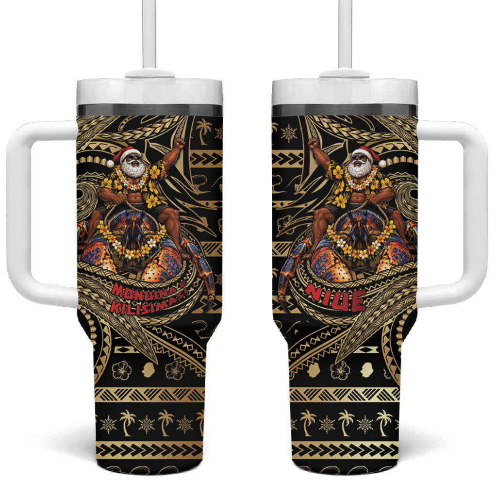 Niue Christmas Tumbler With Handle Santa Riding Coconut Crab DT05 One Size: 40 oz Gold - Polynesian Pride