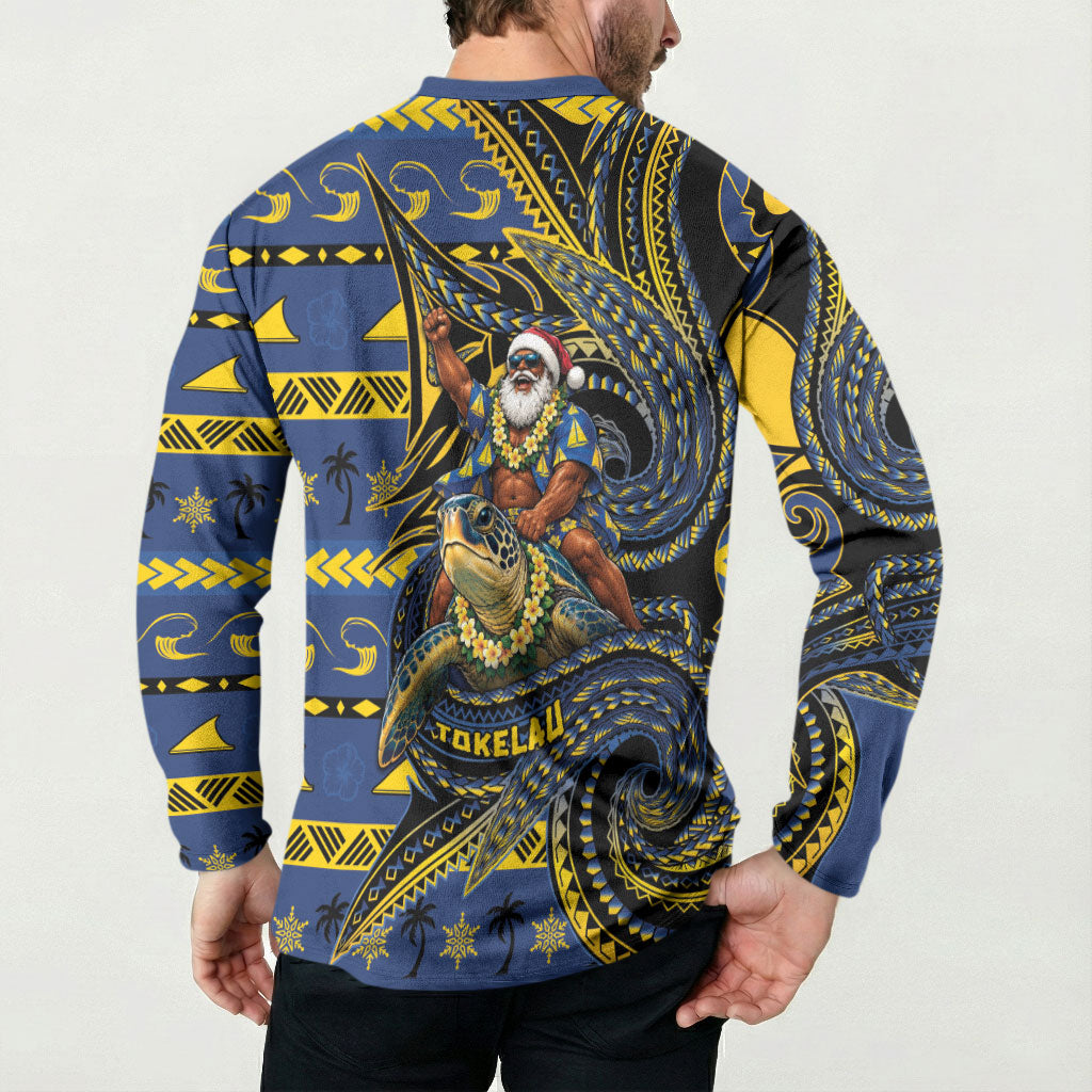Tokelau Christmas Button Sweatshirt Santa Riding Sea Turtle