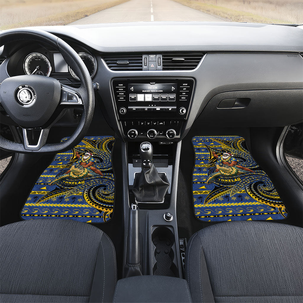 Tokelau Christmas Car Mats Santa Riding Sea Turtle DT05 Set 2pcs - Front Navy - Polynesian Pride
