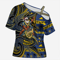 Tokelau Christmas Cross Shoulder Shirt Santa Riding Sea Turtle DT05 Female Navy - Polynesian Pride