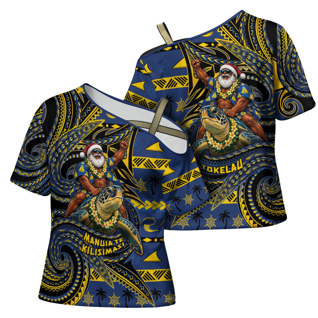 Tokelau Christmas Cross Shoulder Shirt Santa Riding Sea Turtle DT05 - Polynesian Pride