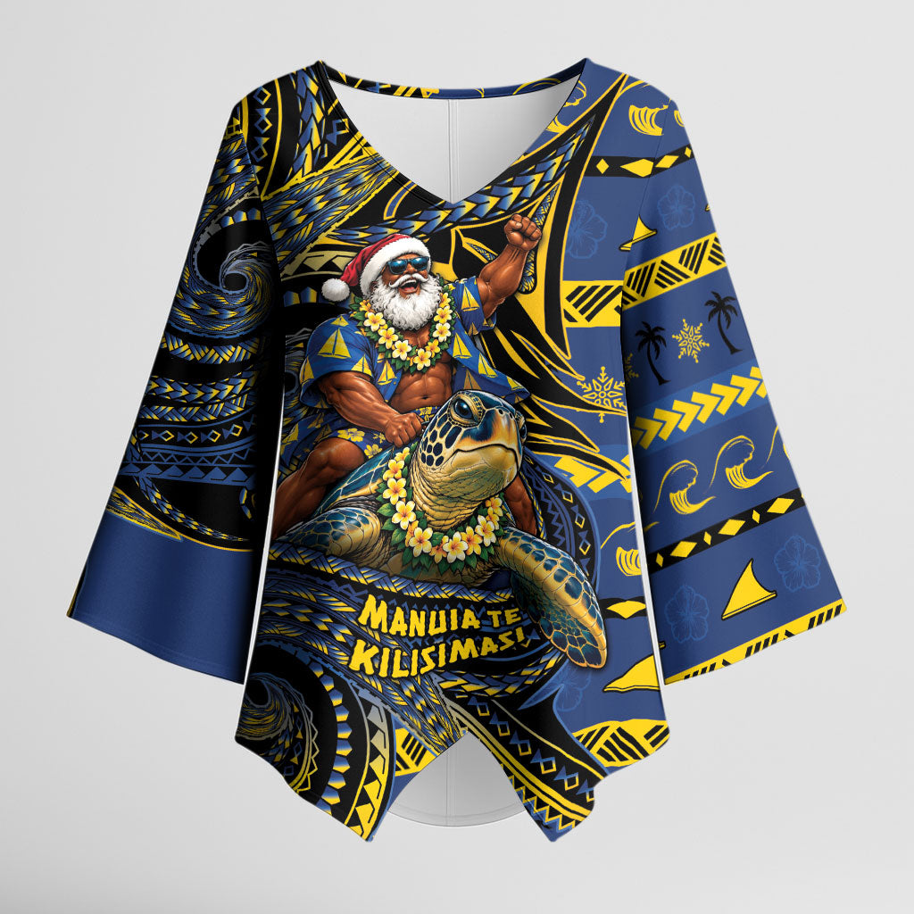 Tokelau Christmas Kimono Sleeve Blouse Santa Riding Sea Turtle DT05 Female Navy - Polynesian Pride