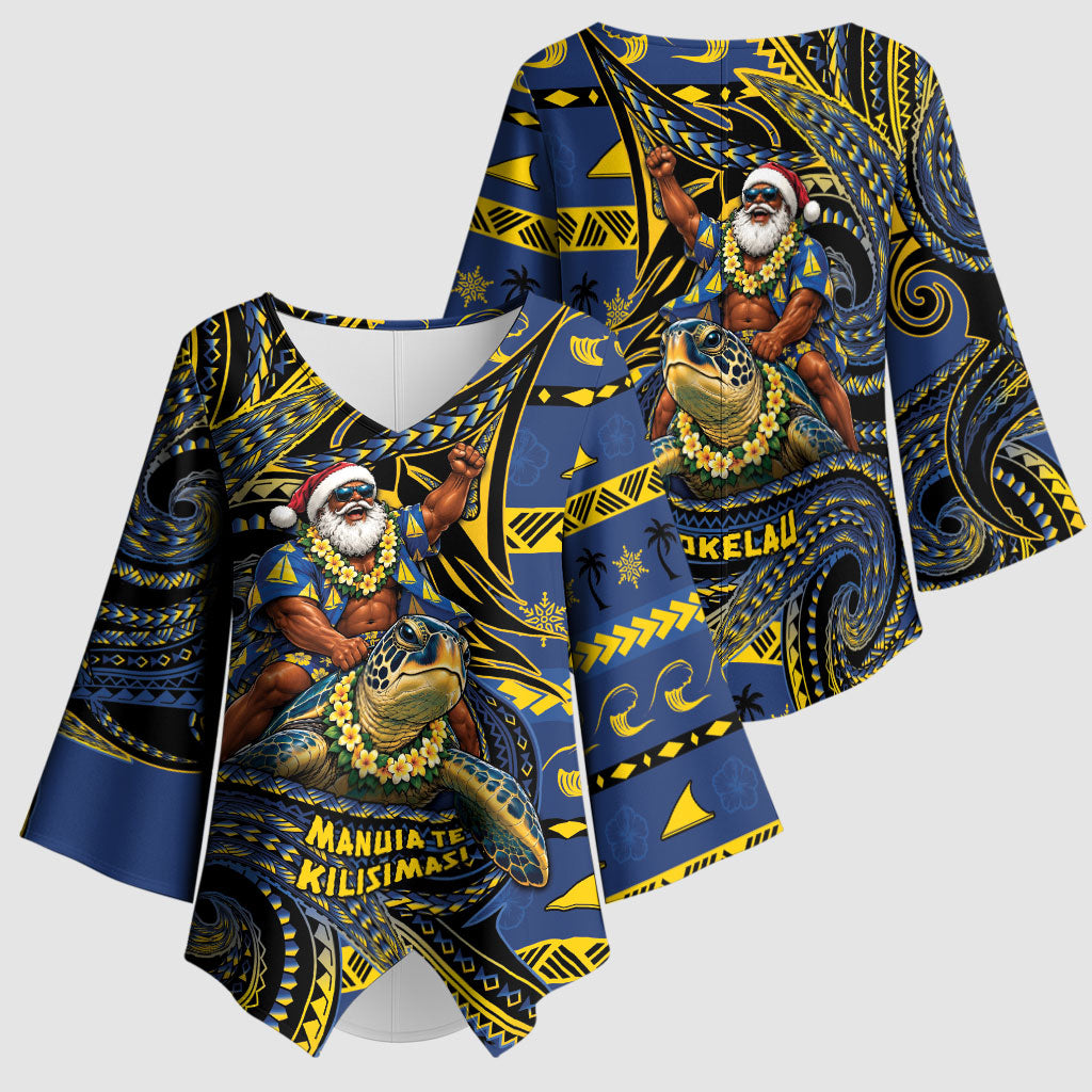 Tokelau Christmas Kimono Sleeve Blouse Santa Riding Sea Turtle DT05 - Polynesian Pride