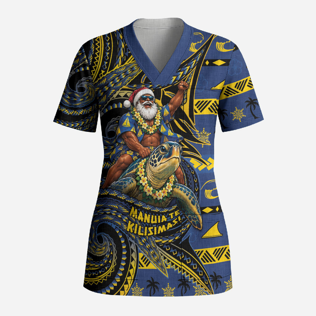 Tokelau Christmas Scrub Top Santa Riding Sea Turtle