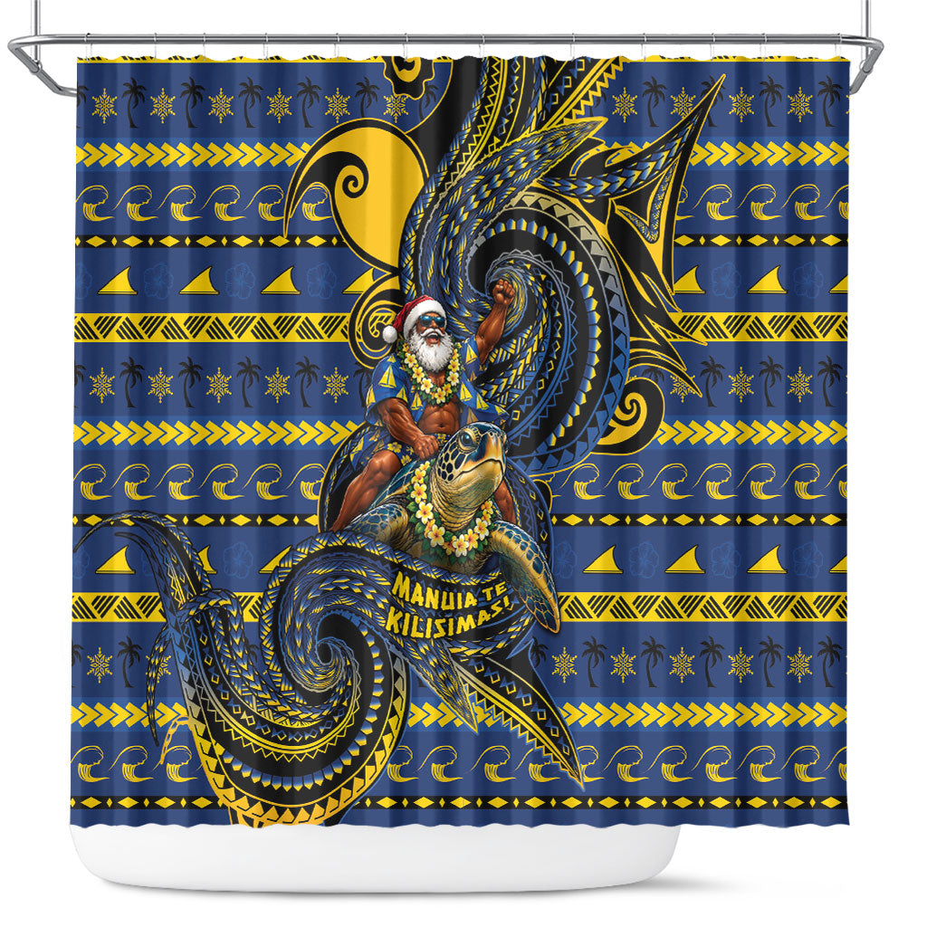Tokelau Christmas Shower Curtain Santa Riding Sea Turtle DT05 Navy - Polynesian Pride