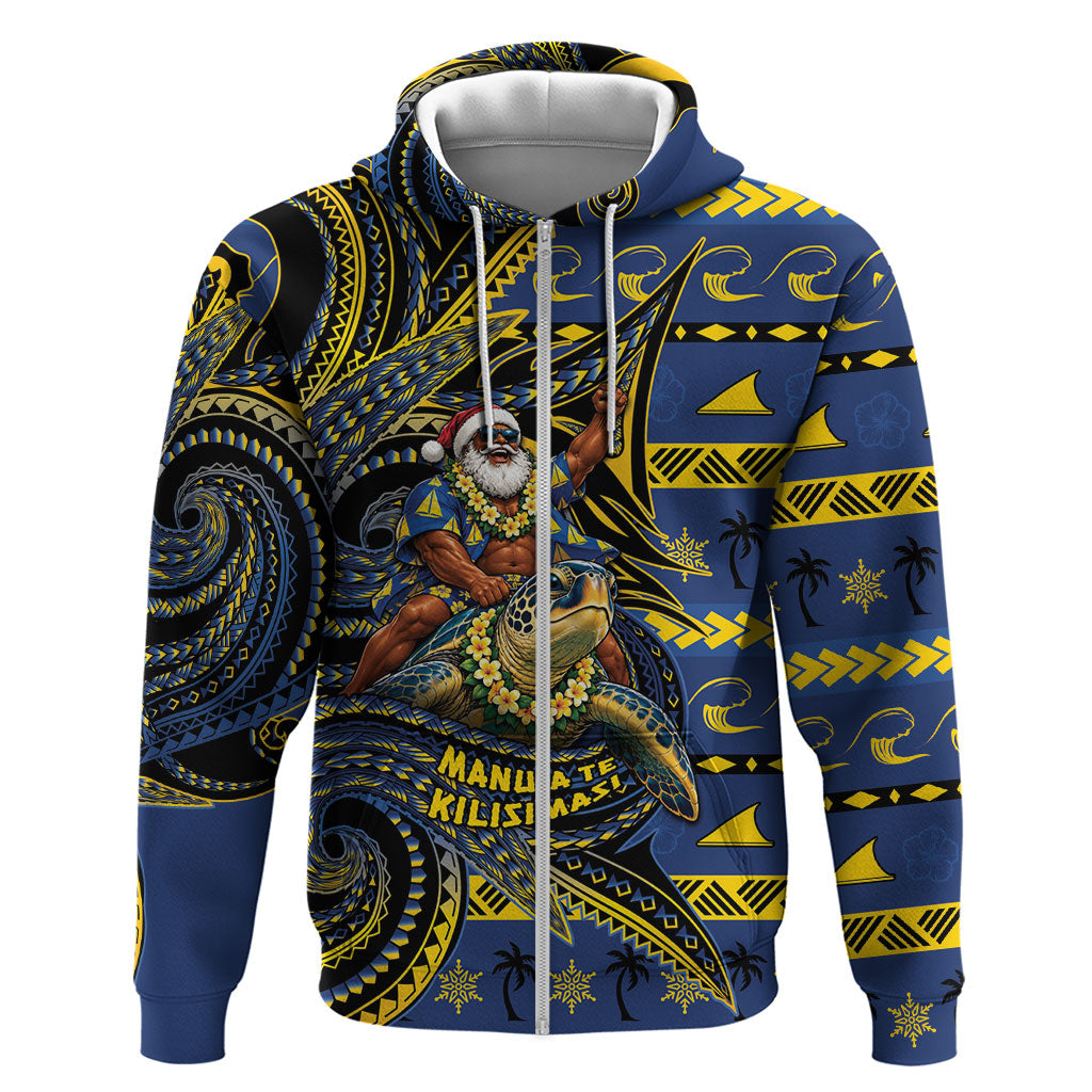 Tokelau Christmas Zip Hoodie Santa Riding Sea Turtle DT05 Zip Hoodie Navy - Polynesian Pride