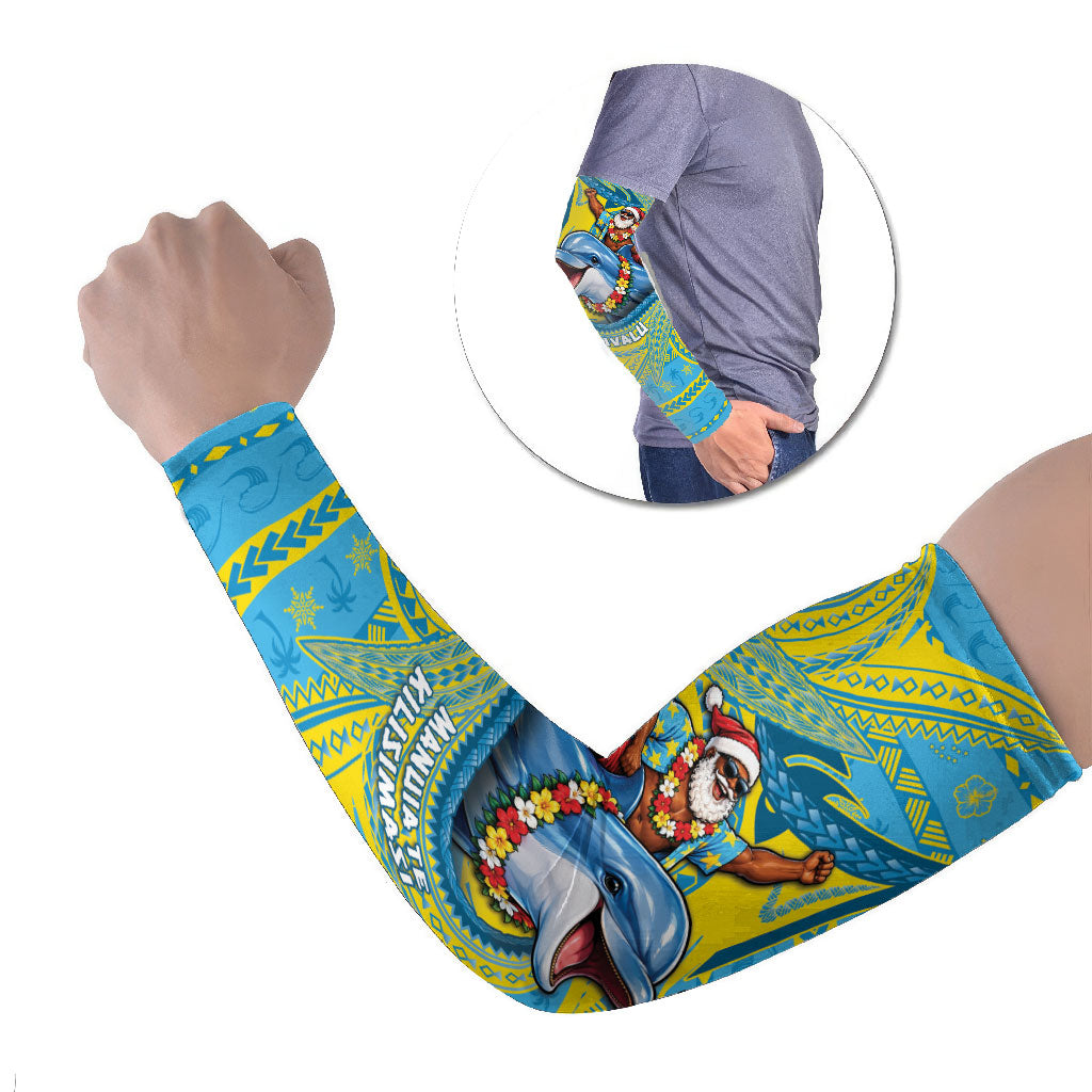 Tuvalu Christmas Arm Sleeves Santa Riding Ocean Dolphin DT05 Set of 2 Blue - Polynesian Pride