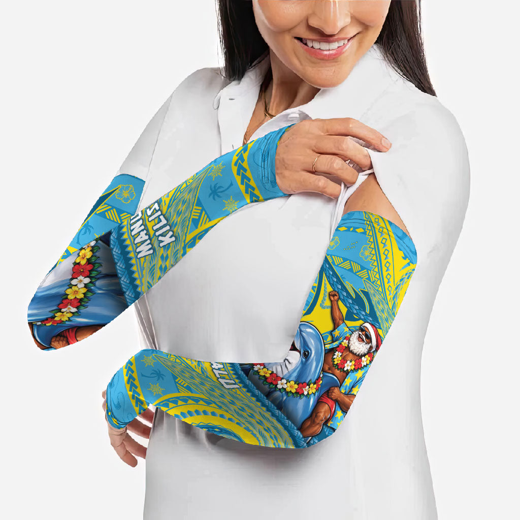 Tuvalu Christmas Arm Sleeves Santa Riding Ocean Dolphin