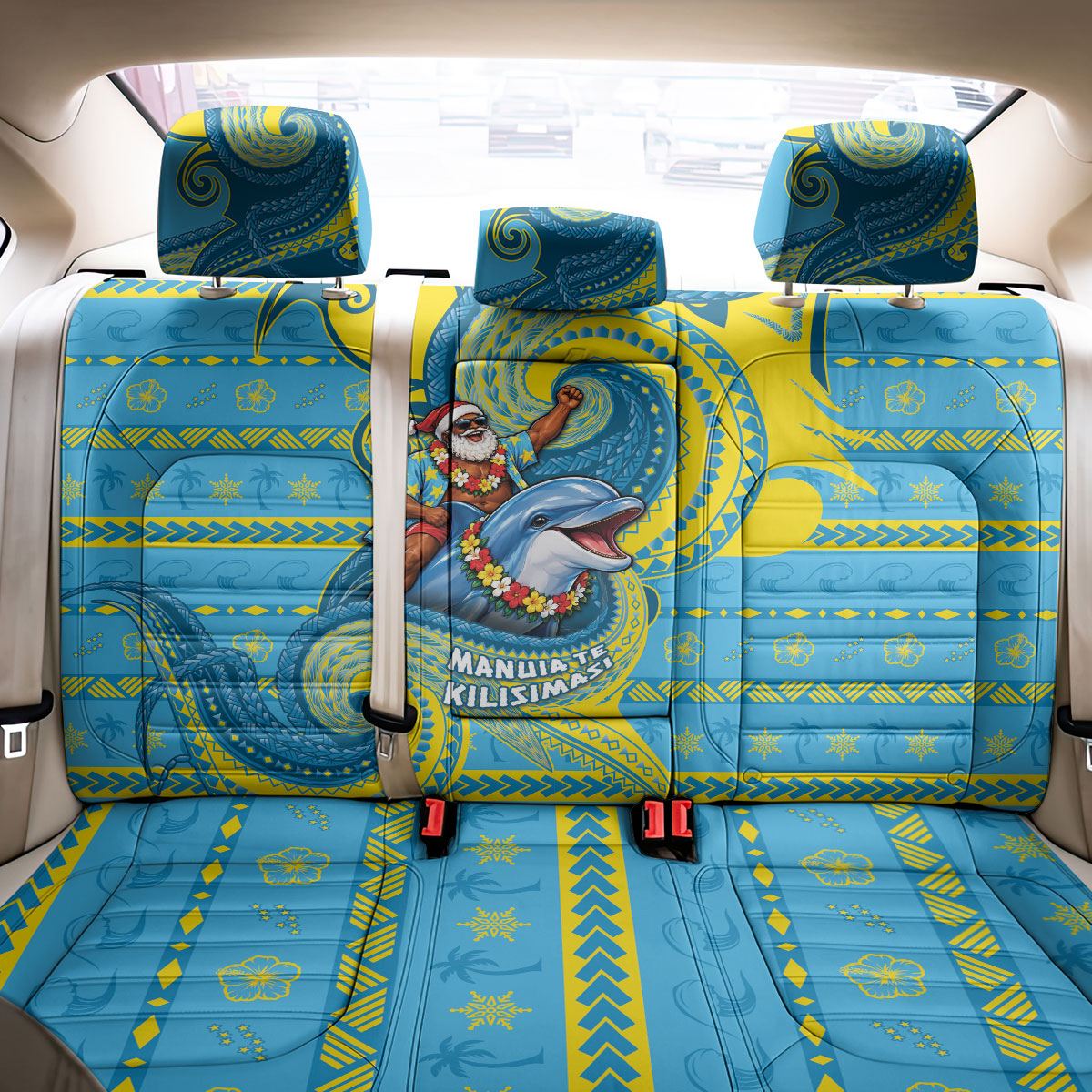 Tuvalu Christmas Back Car Seat Cover Santa Riding Ocean Dolphin