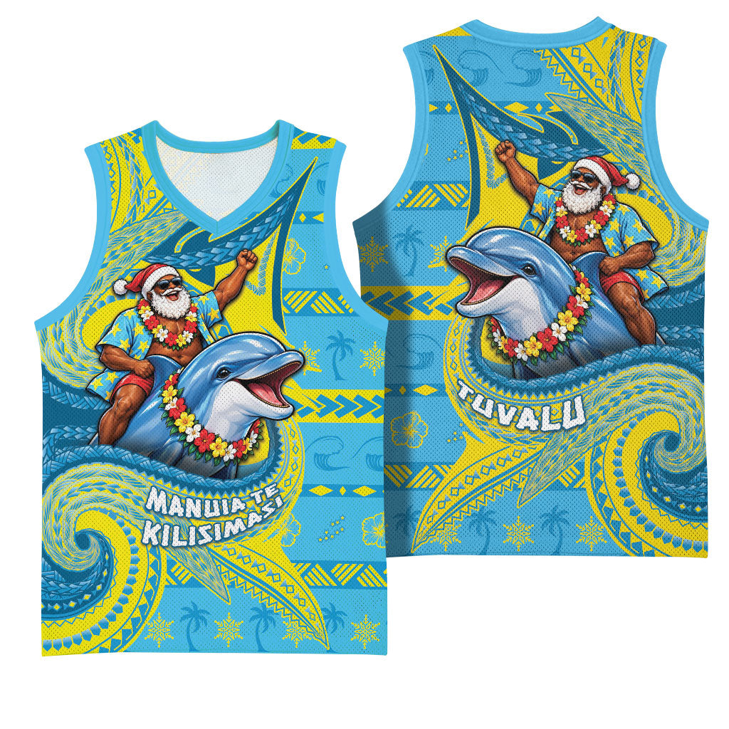 Tuvalu Christmas Basketball Jersey Santa Riding Ocean Dolphin