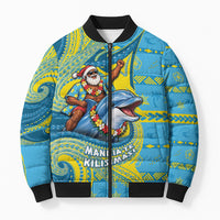 Tuvalu Christmas Bomber Puffer Jacket Santa Riding Ocean Dolphin