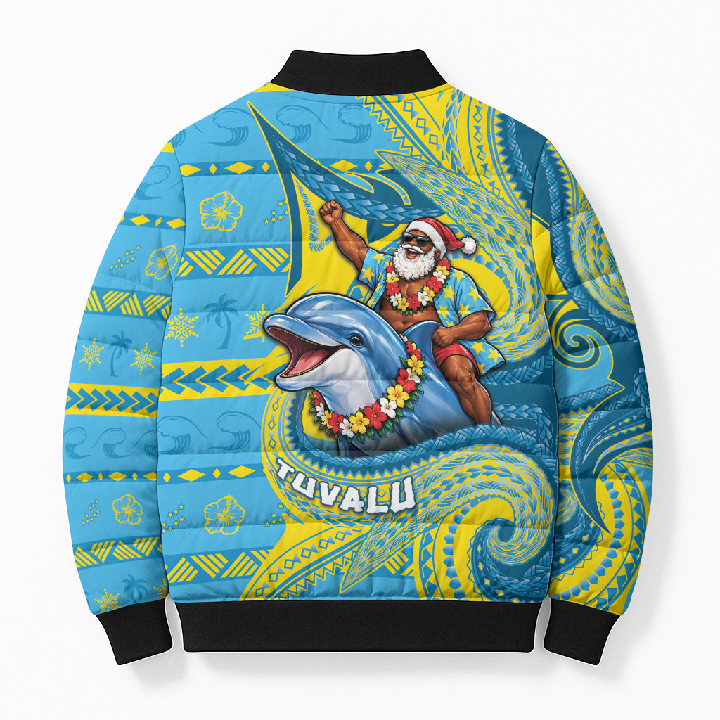 Tuvalu Christmas Bomber Puffer Jacket Santa Riding Ocean Dolphin