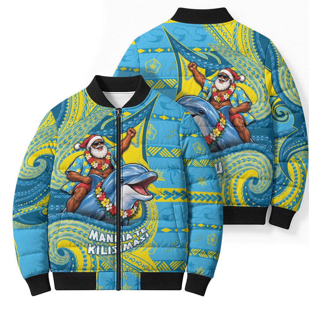 Tuvalu Christmas Bomber Puffer Jacket Santa Riding Ocean Dolphin