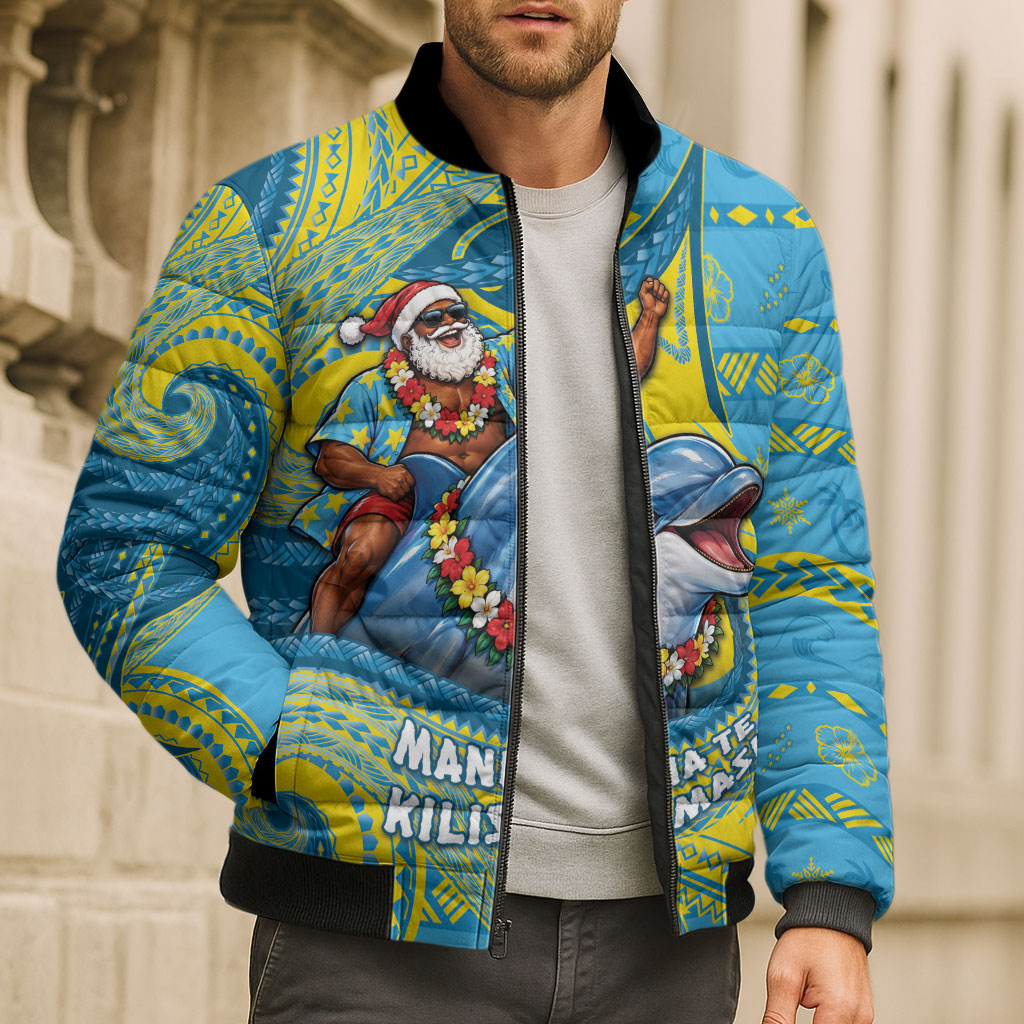 Tuvalu Christmas Bomber Puffer Jacket Santa Riding Ocean Dolphin