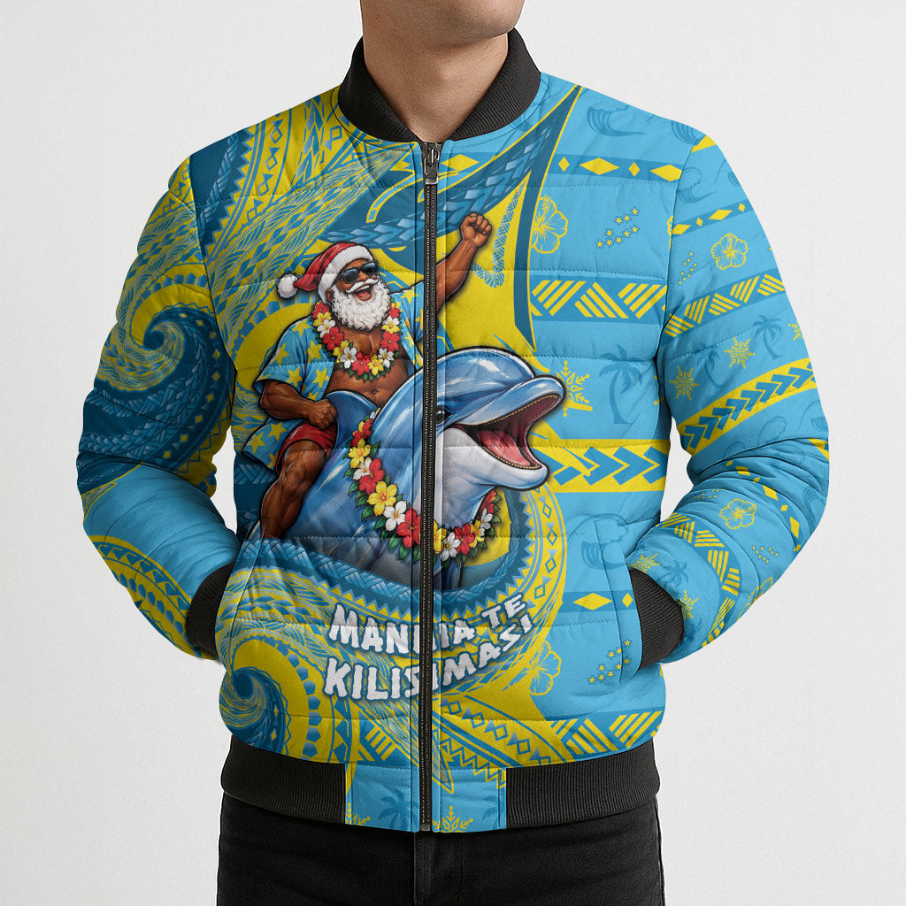 Tuvalu Christmas Bomber Puffer Jacket Santa Riding Ocean Dolphin