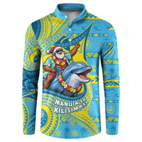 Tuvalu Christmas Button Sweatshirt Santa Riding Ocean Dolphin