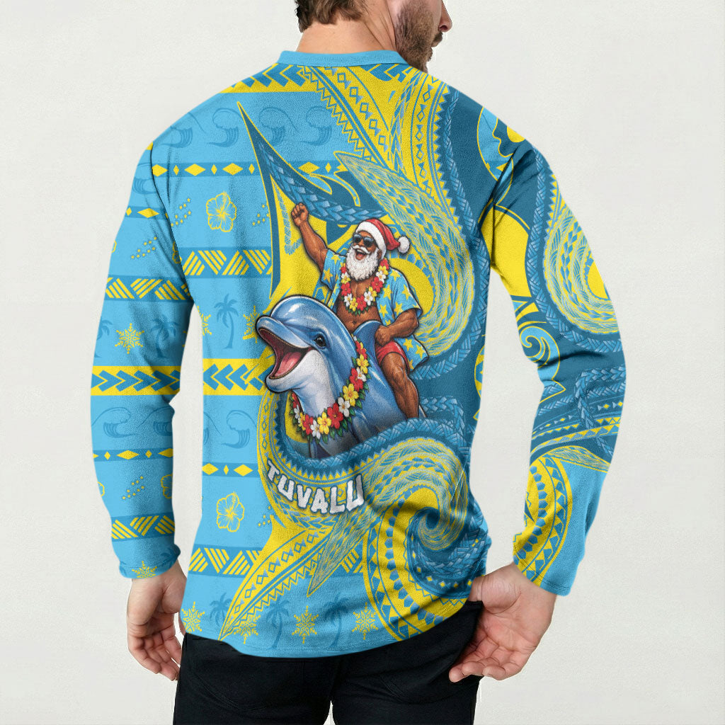 Tuvalu Christmas Button Sweatshirt Santa Riding Ocean Dolphin