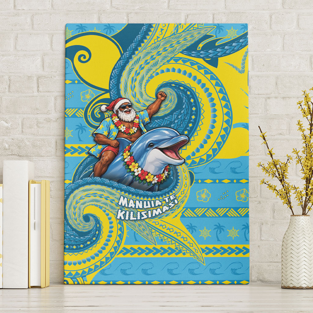 Tuvalu Christmas Canvas Wall Art Santa Riding Ocean Dolphin DT05 Without Frame Blue - Polynesian Pride