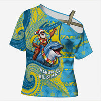 Tuvalu Christmas Cross Shoulder Shirt Santa Riding Ocean Dolphin