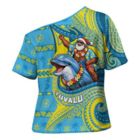 Tuvalu Christmas Cross Shoulder Shirt Santa Riding Ocean Dolphin