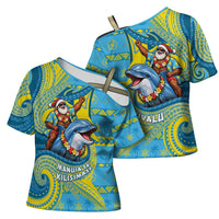 Tuvalu Christmas Cross Shoulder Shirt Santa Riding Ocean Dolphin