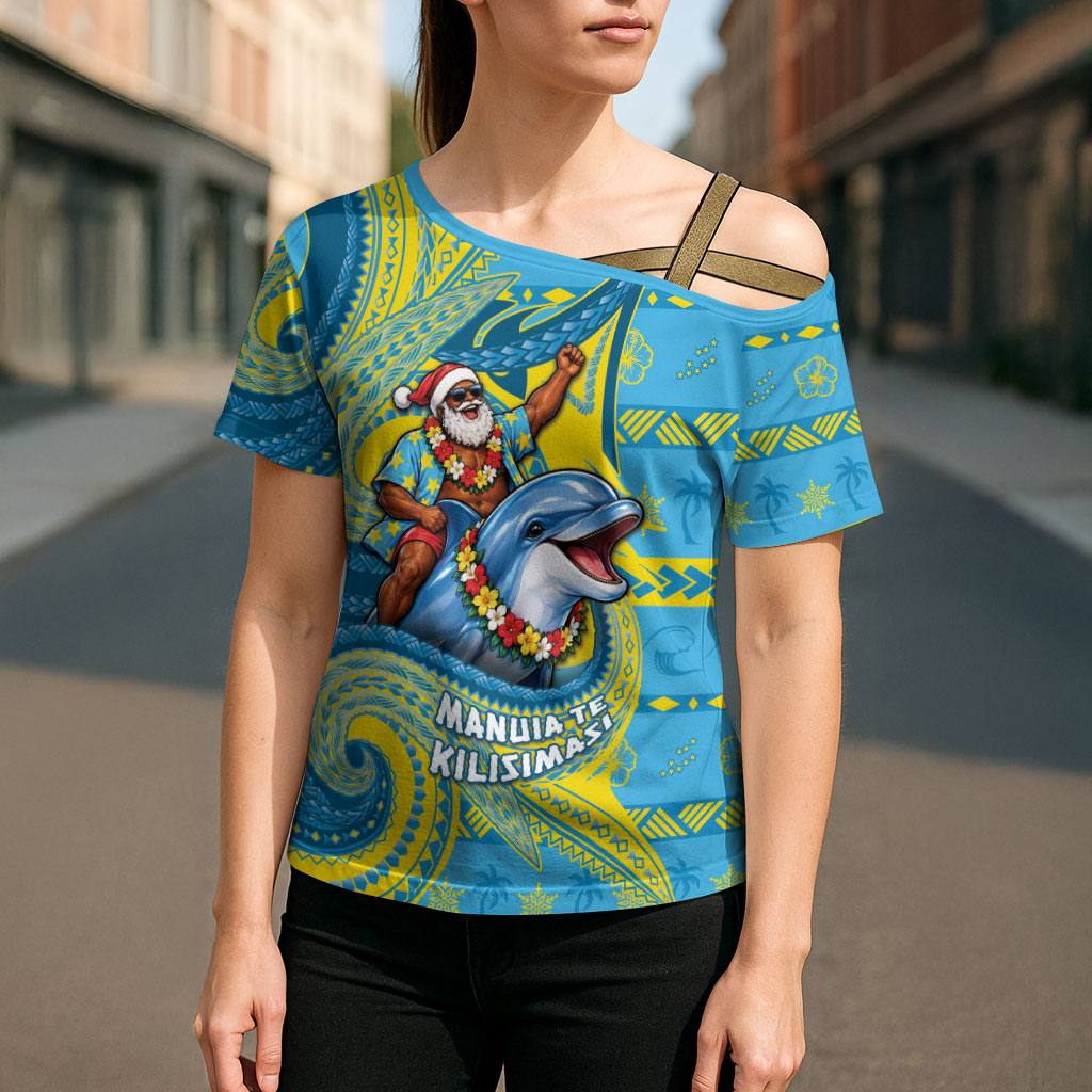 Tuvalu Christmas Cross Shoulder Shirt Santa Riding Ocean Dolphin