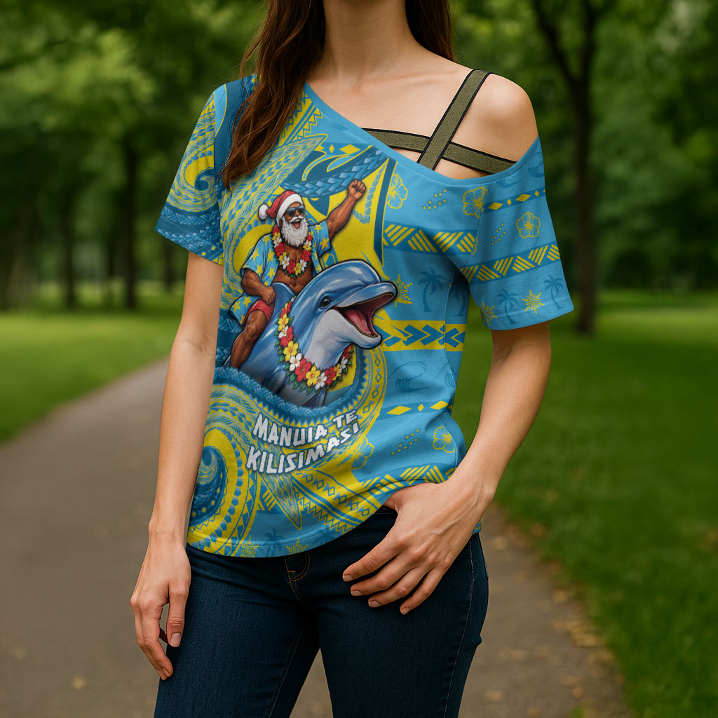 Tuvalu Christmas Cross Shoulder Shirt Santa Riding Ocean Dolphin