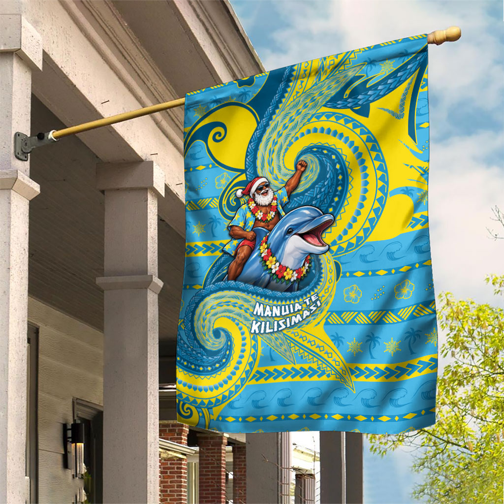 Tuvalu Christmas Garden Flag Santa Riding Ocean Dolphin