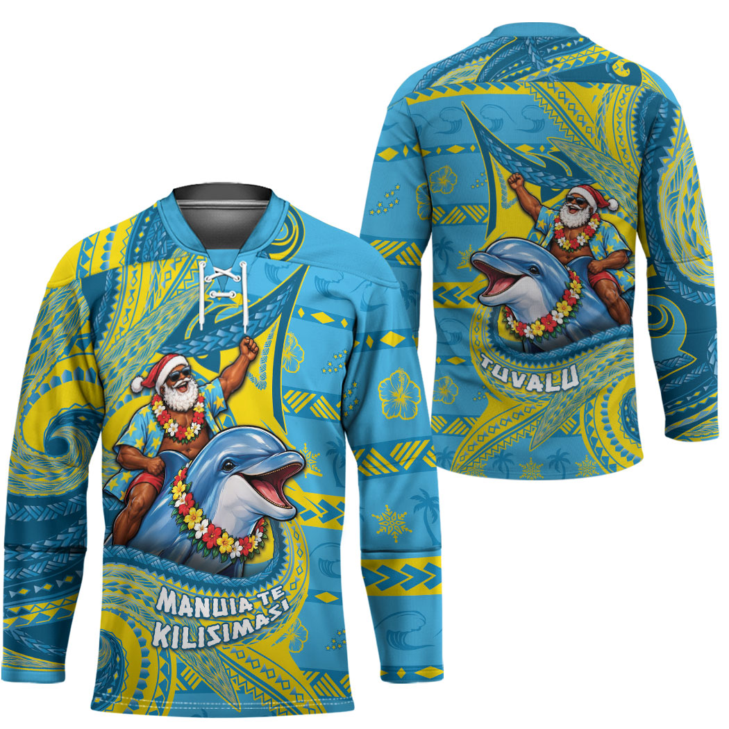 Tuvalu Christmas Hockey Jersey Santa Riding Ocean Dolphin