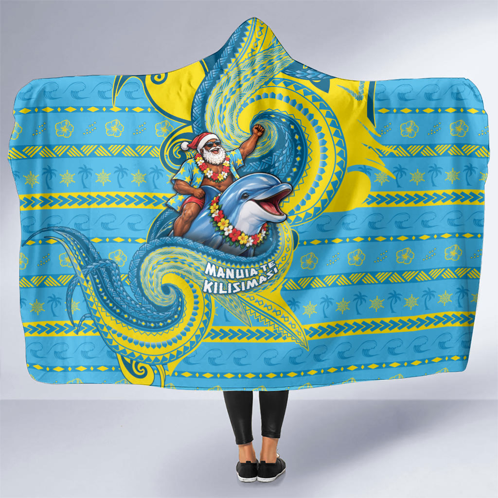 Tuvalu Christmas Hooded Blanket Santa Riding Ocean Dolphin DT05 One Size Blue - Polynesian Pride