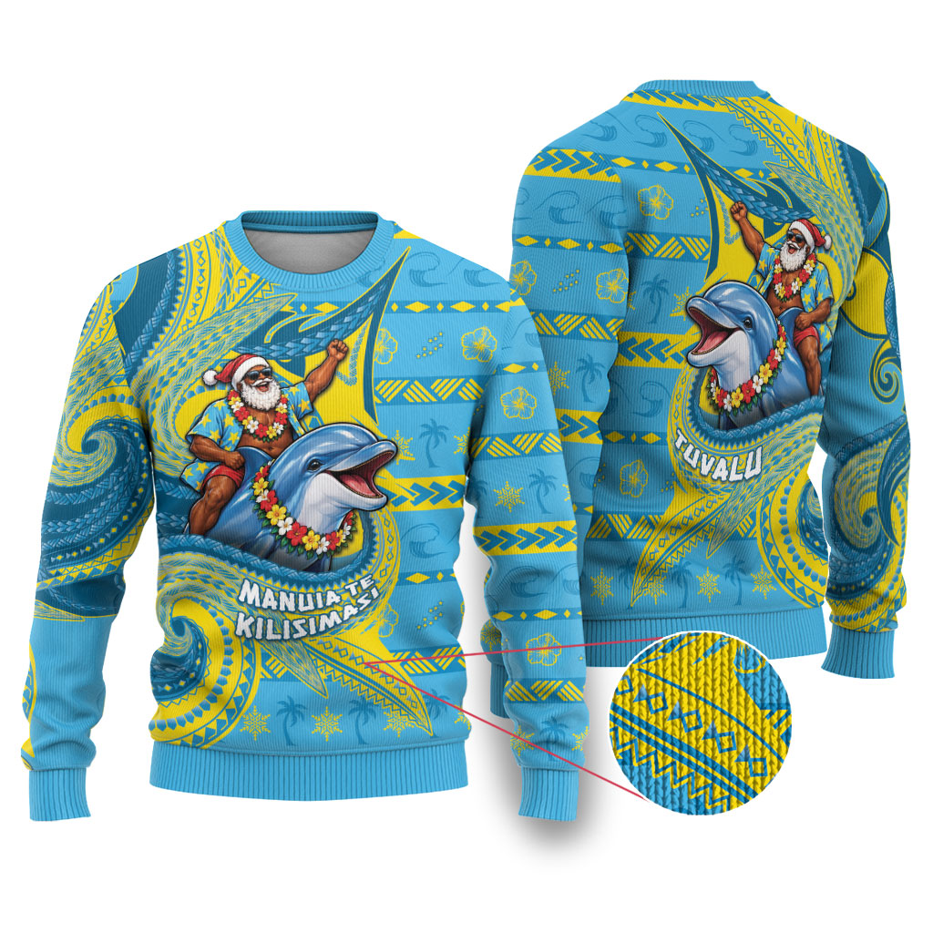 Tuvalu Christmas Ugly Christmas Sweater Santa Riding Ocean Dolphin
