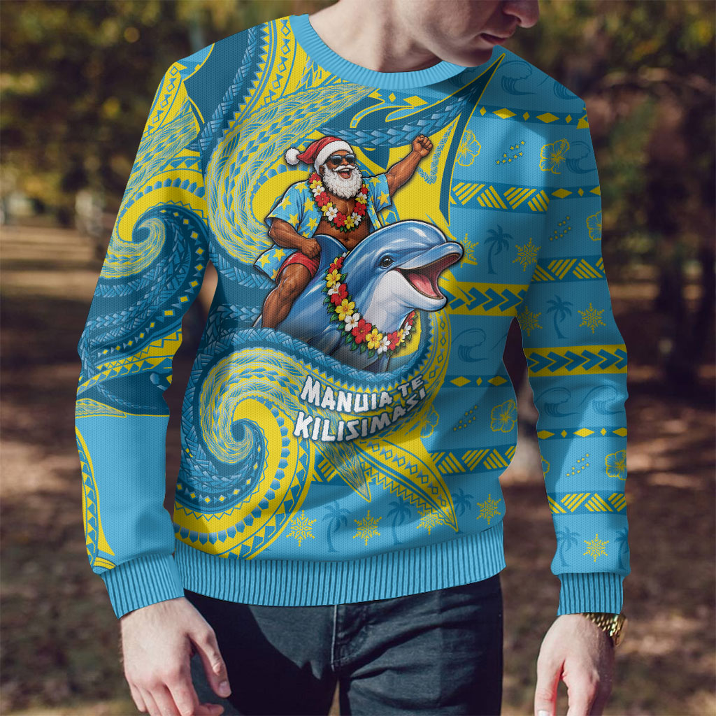 Tuvalu Christmas Ugly Christmas Sweater Santa Riding Ocean Dolphin
