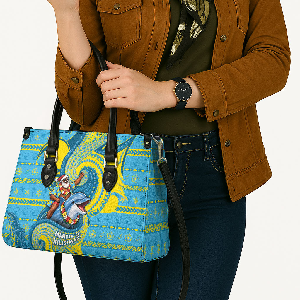 Tuvalu Christmas Leather Bag Santa Riding Ocean Dolphin