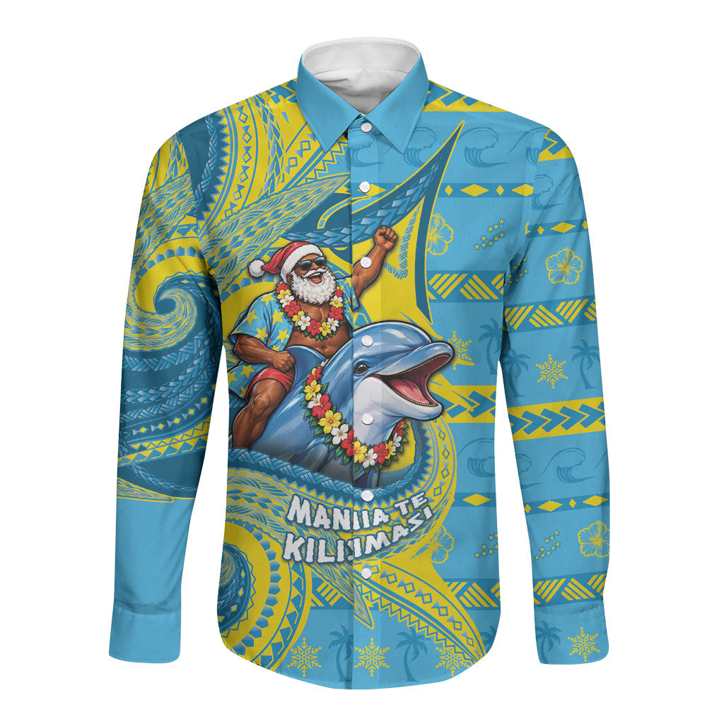 Tuvalu Christmas Long Sleeve Button Shirt Santa Riding Ocean Dolphin