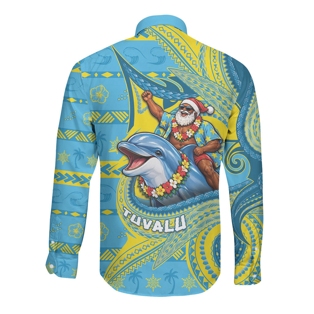 Tuvalu Christmas Long Sleeve Button Shirt Santa Riding Ocean Dolphin